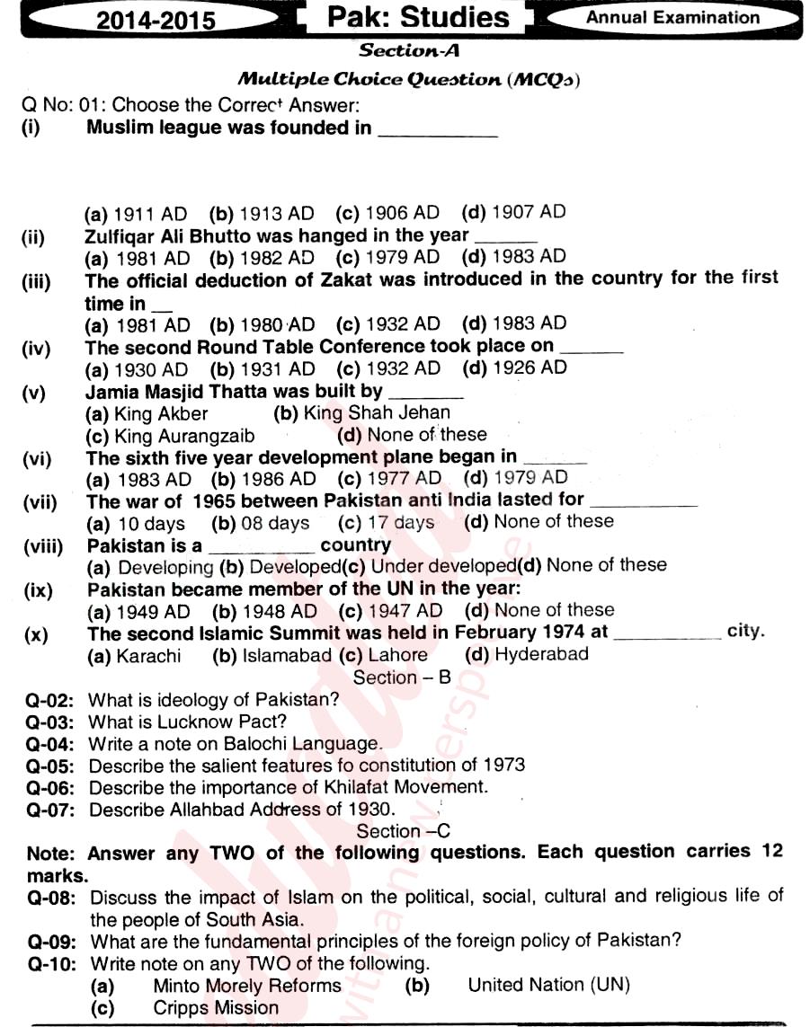 Pak Studies 12th class Past Paper Group 1 BISE Mirpurkhas 2015