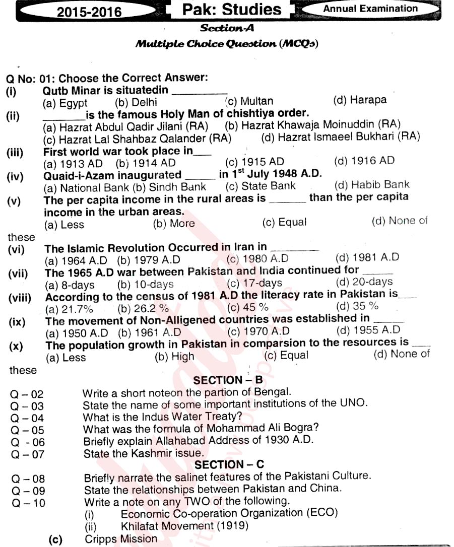 Pak Studies 12th class Past Paper Group 1 BISE Mirpurkhas 2016