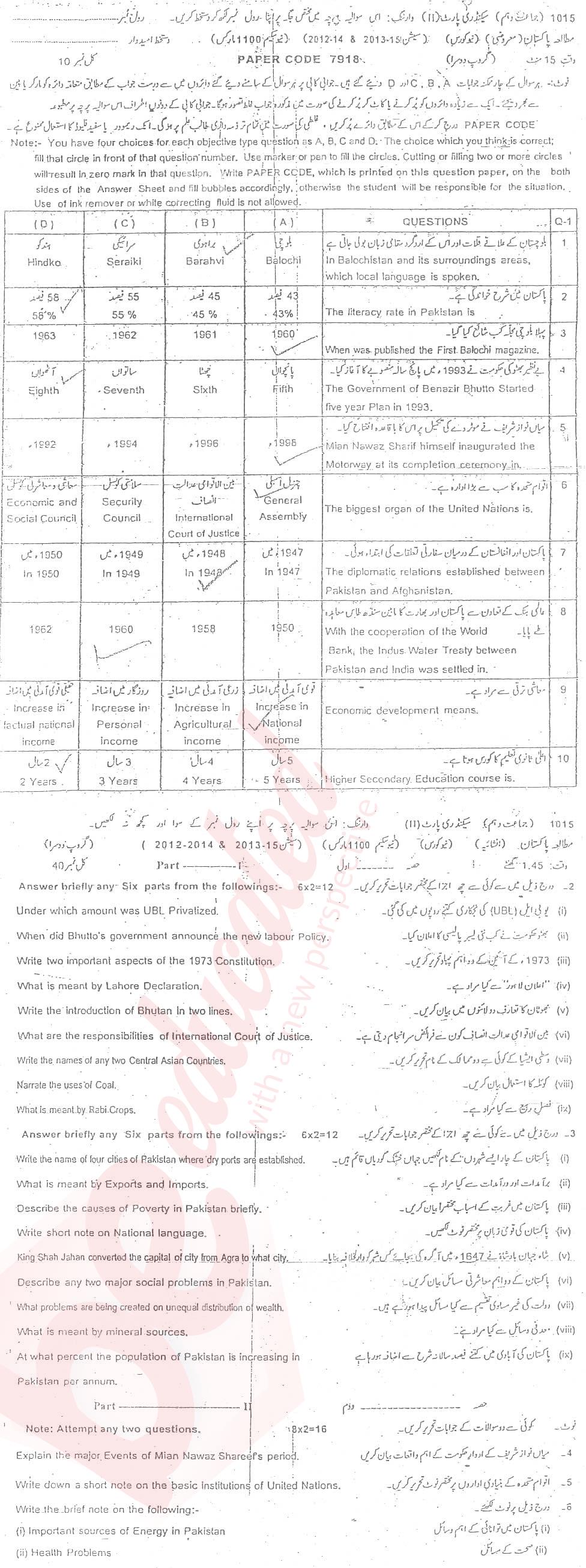 Pak Studies 12th class Past Paper Group 2 BISE Sargodha 2015