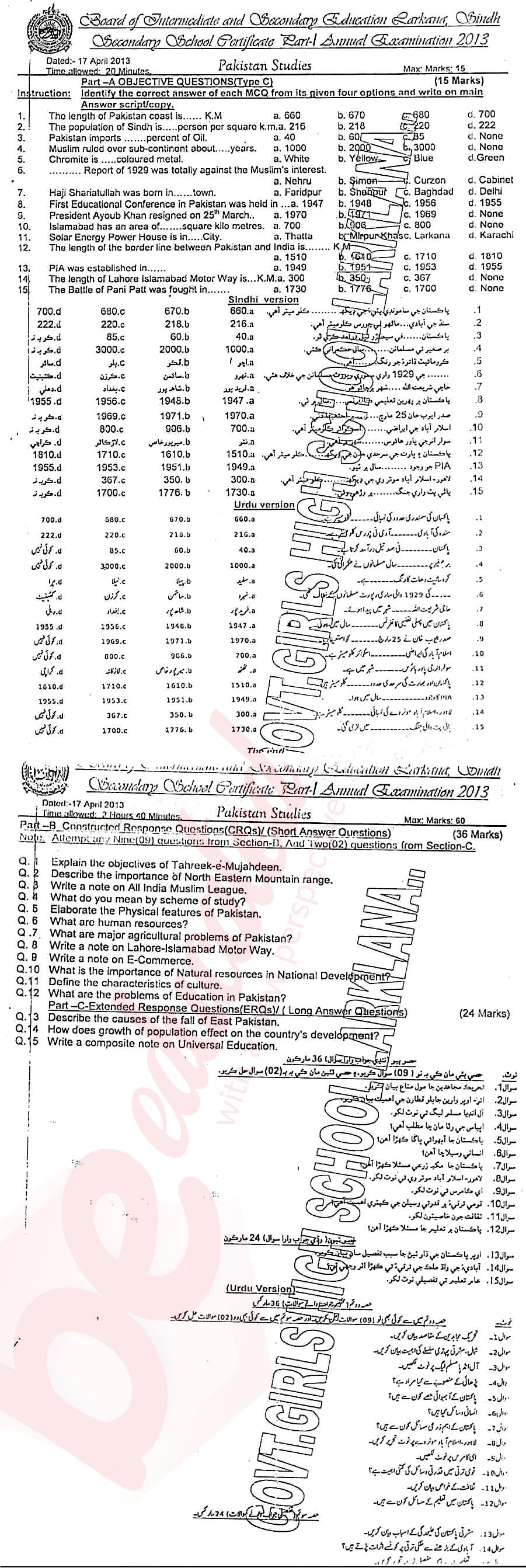 Pak Studies 9th class Past Paper Group 1 BISE Larkana 2013