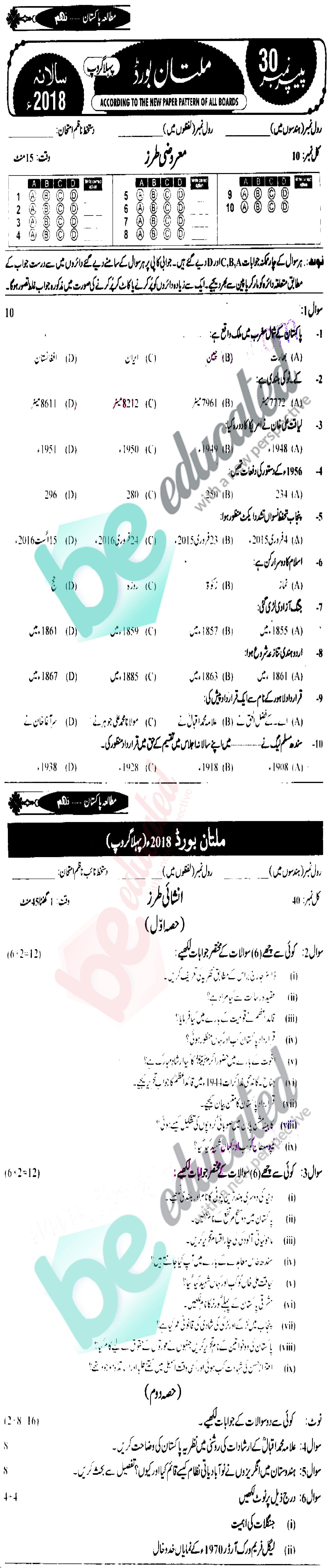 Pak Studies 9th class Past Paper Group 1 BISE Multan 2018