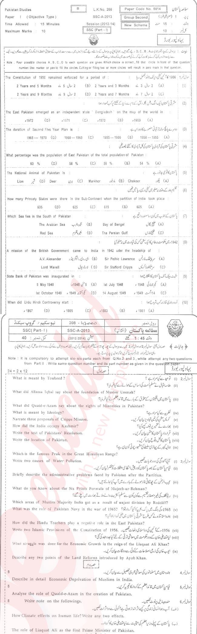 Pak Studies 9th class Past Paper Group 2 BISE Bahawalpur 2013