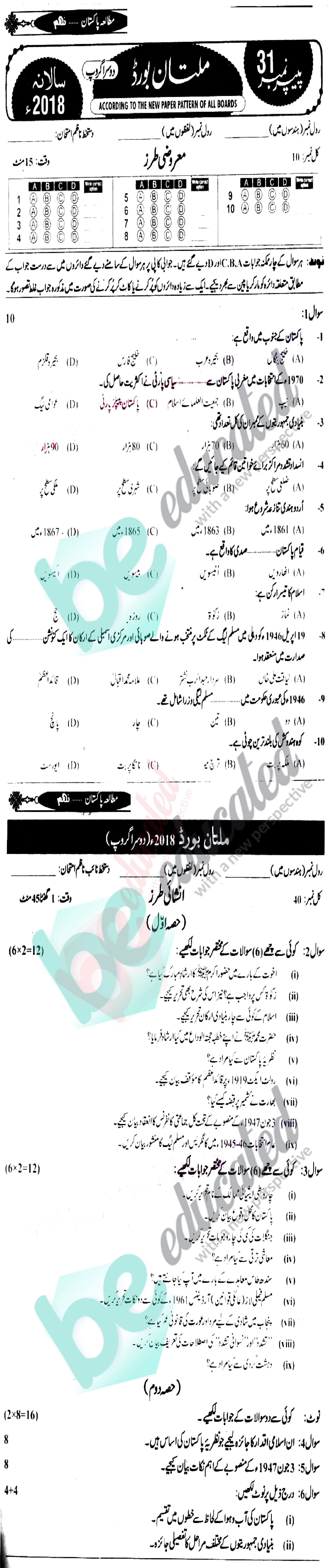 Pak Studies 9th class Past Paper Group 2 BISE Multan 2018