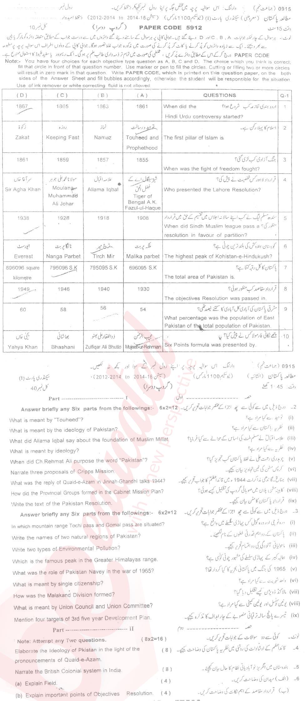 Pak Studies 9th class Past Paper Group 2 BISE Sargodha 2015