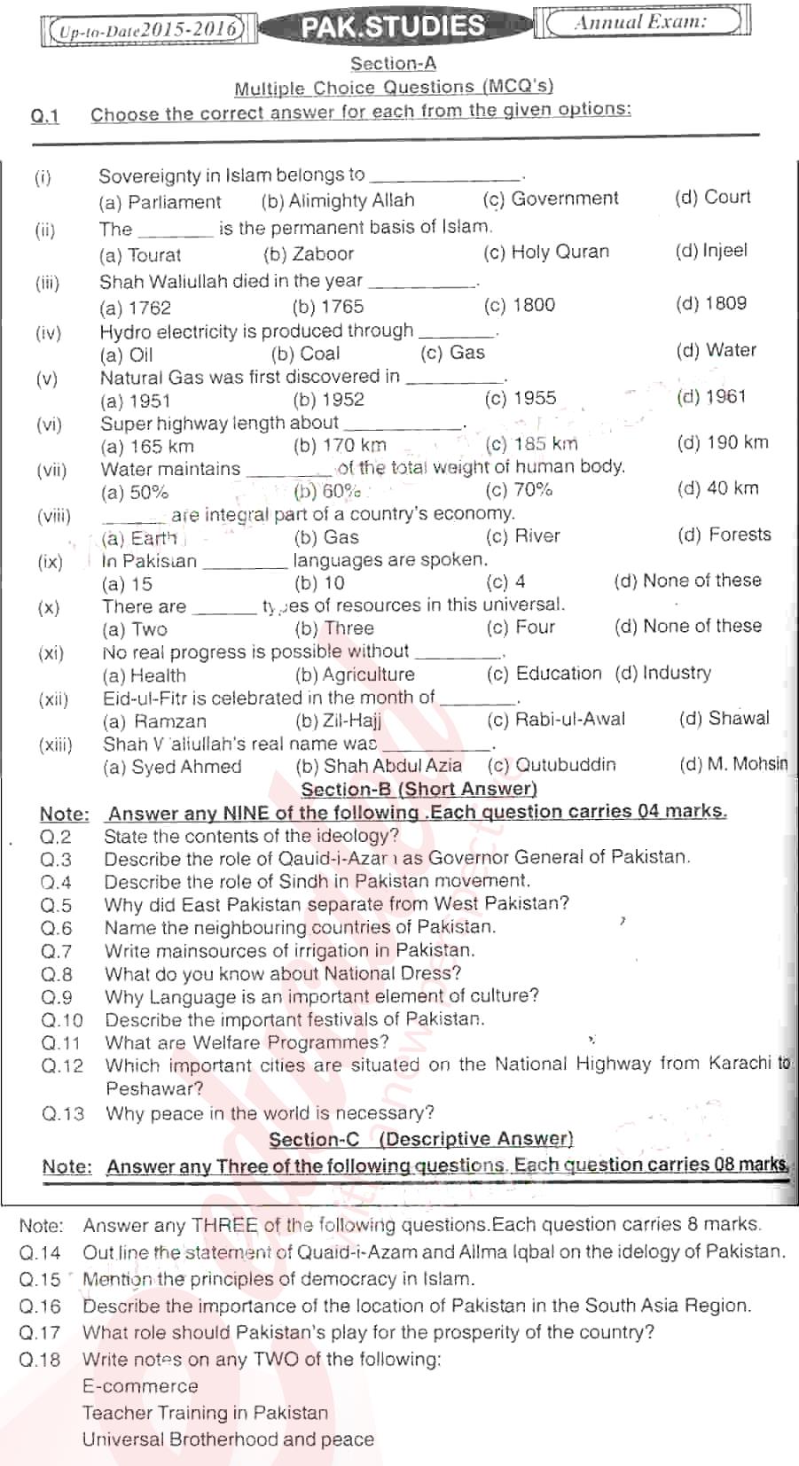 Pak Studies 9th English Medium Past Paper Group 1 BISE Mirpurkhas 2015