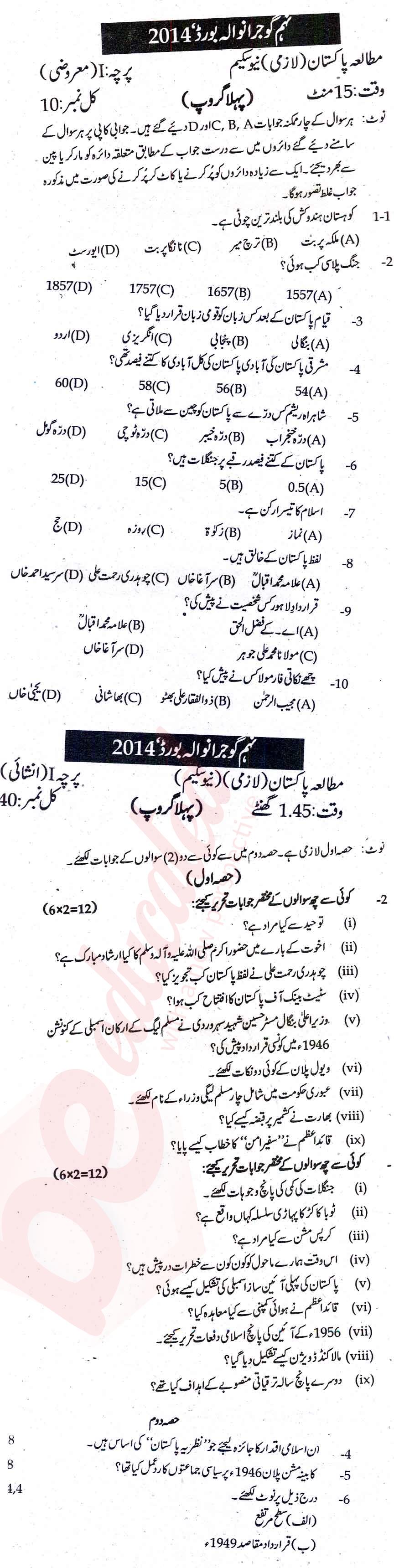 Pak Studies 9th Urdu Medium Past Paper Group 1 BISE Gujranwala 2014