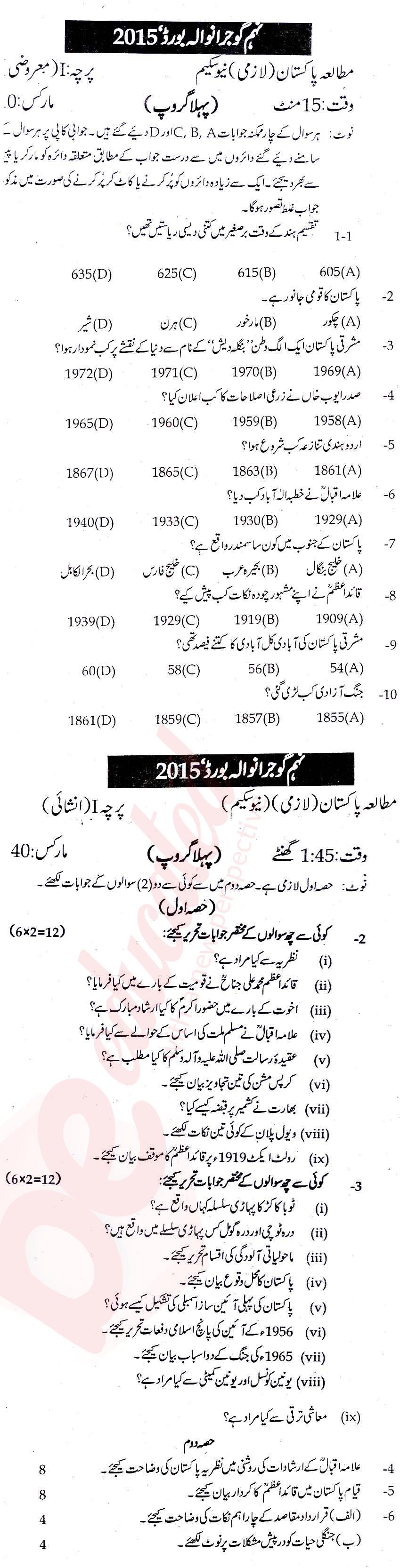 Pak Studies 9th Urdu Medium Past Paper Group 1 BISE Gujranwala 2015