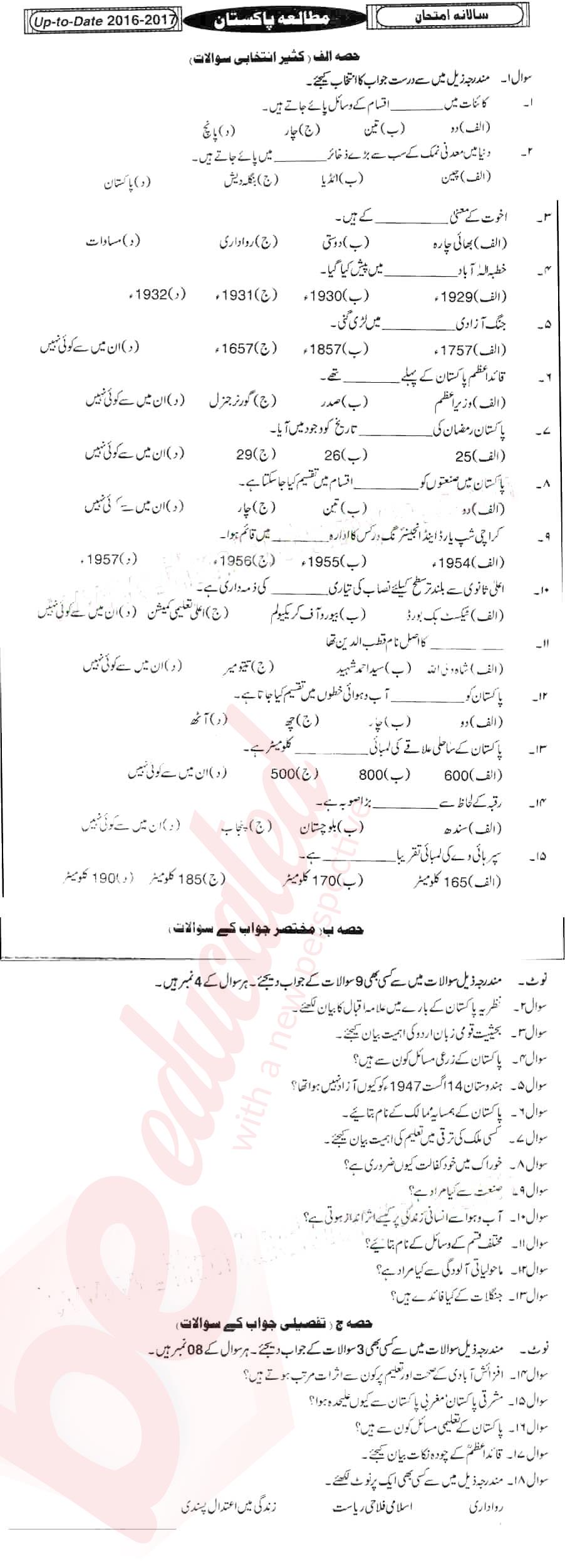 Pak Studies 9th Urdu Medium Past Paper Group 1 BISE Hyderabad 2016