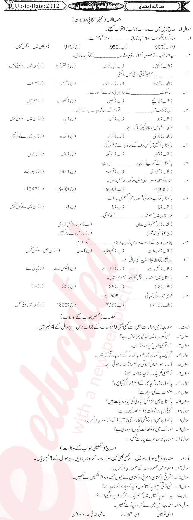 Pak Studies 9th Urdu Medium Past Paper Group 1 BISE Sukkur 2012