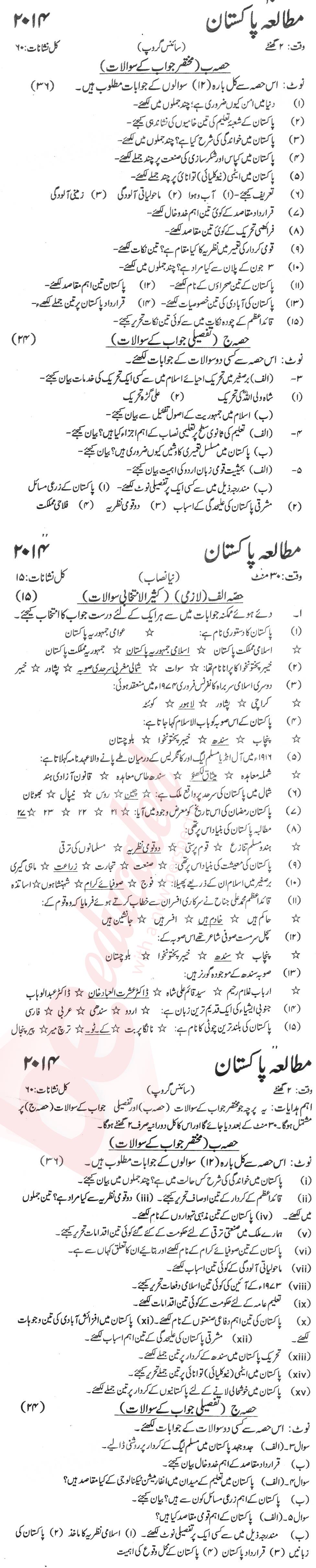 Pak Studies 9th Urdu Medium Past Paper Group 1 KPBTE 2014