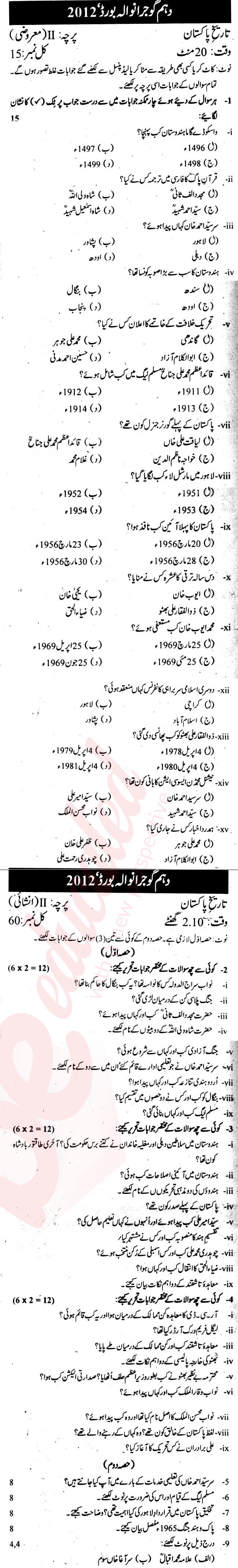 Pakistan History 10th Urdu Medium Past Paper Group 1 BISE Gujranwala 2012