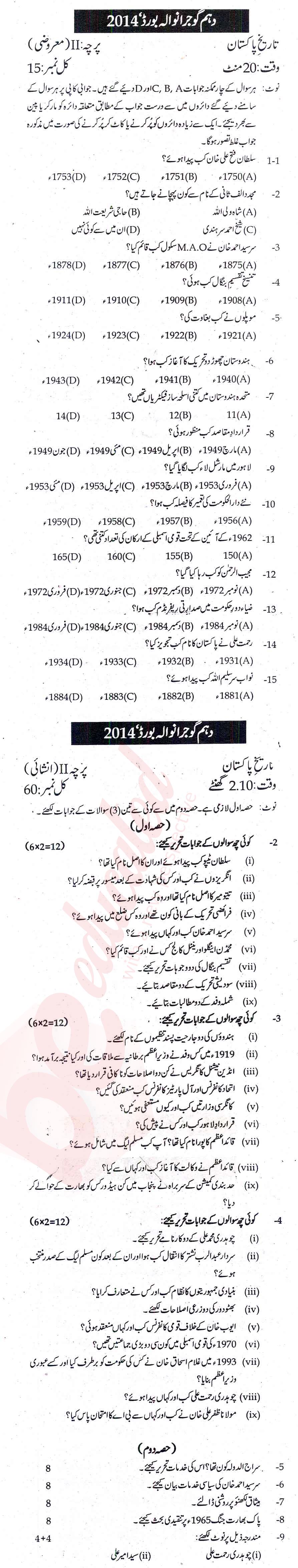 Pakistan History 10th Urdu Medium Past Paper Group 1 BISE Gujranwala 2014