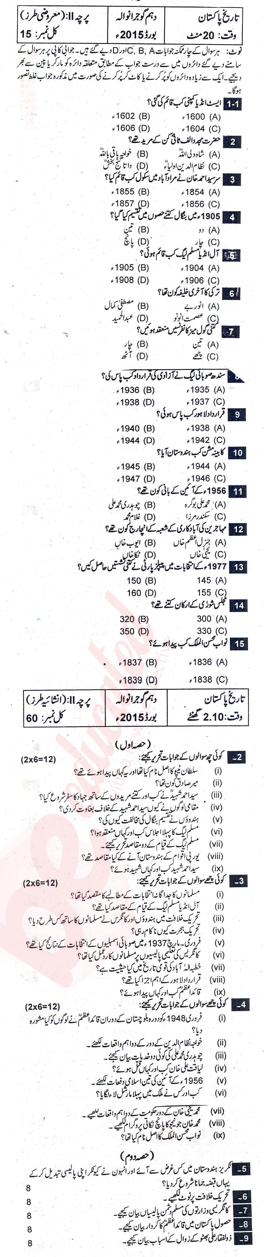 Pakistan History 10th Urdu Medium Past Paper Group 1 BISE Gujranwala 2015