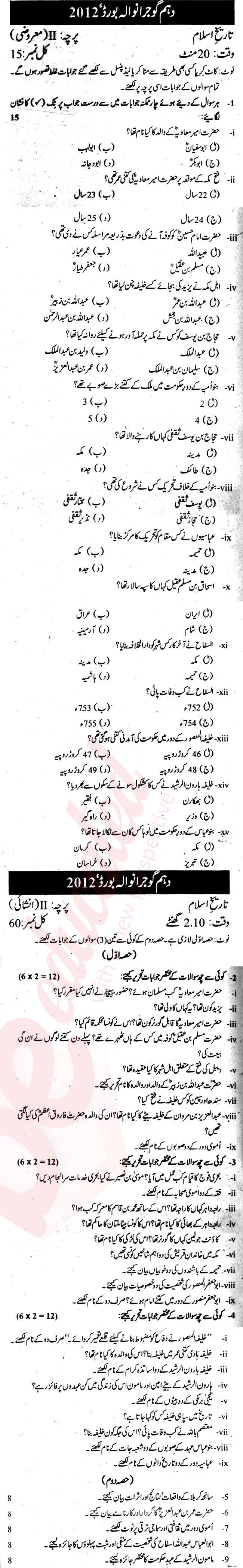 Pakistan History 10th Urdu Medium Past Paper Group 2 BISE Gujranwala 2012