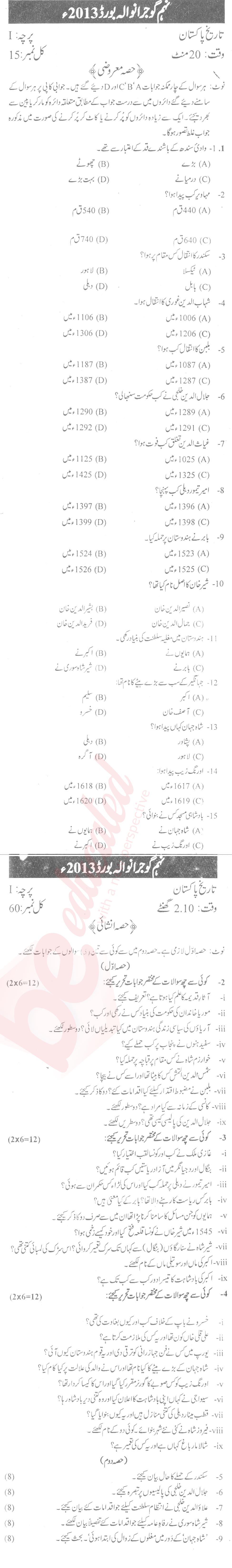 Pakistan History 9th Urdu Medium Past Paper Group 1 BISE Gujranwala 2013