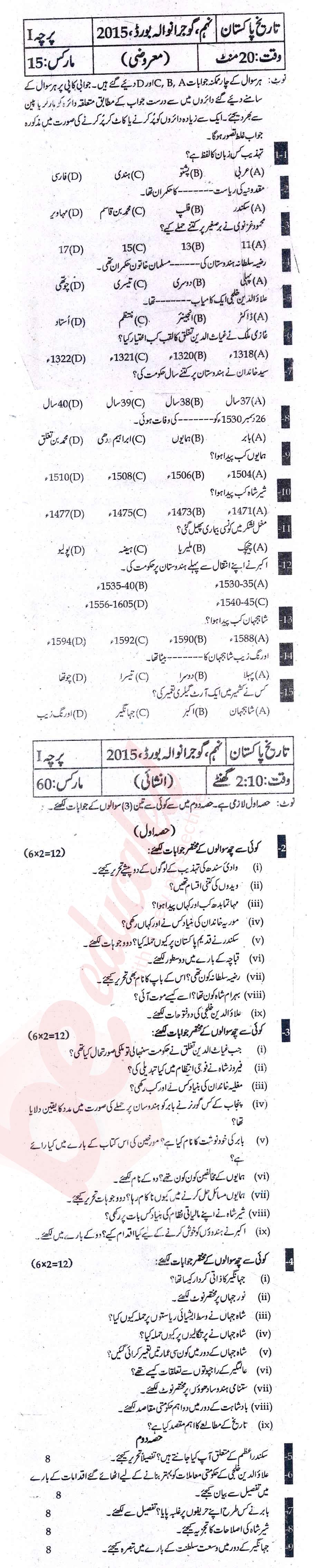 Pakistan History 9th Urdu Medium Past Paper Group 1 BISE Gujranwala 2015