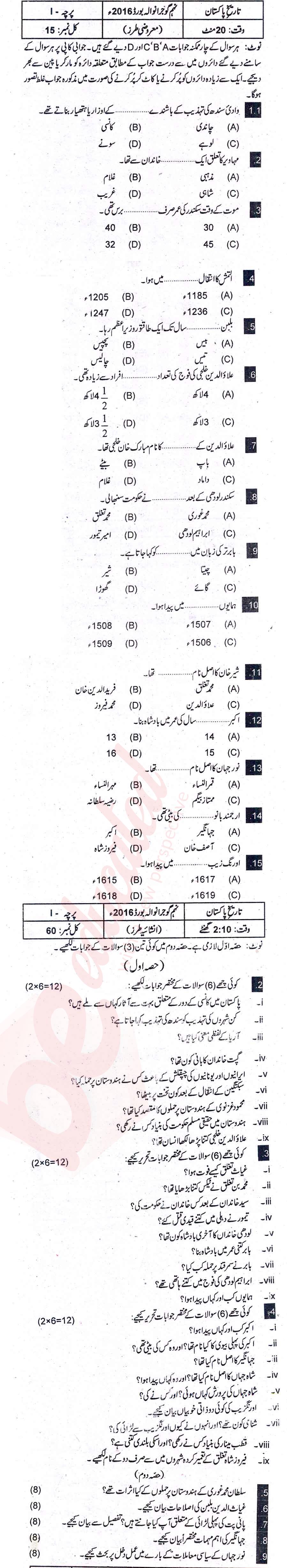 Pakistan History 9th Urdu Medium Past Paper Group 1 BISE Gujranwala 2016