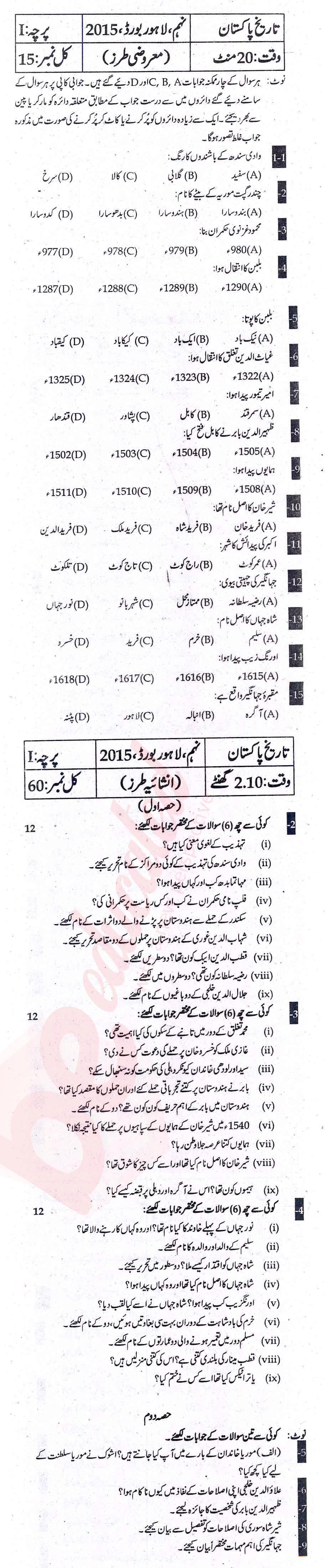 Pakistan History 9th Urdu Medium Past Paper Group 1 BISE Lahore 2015