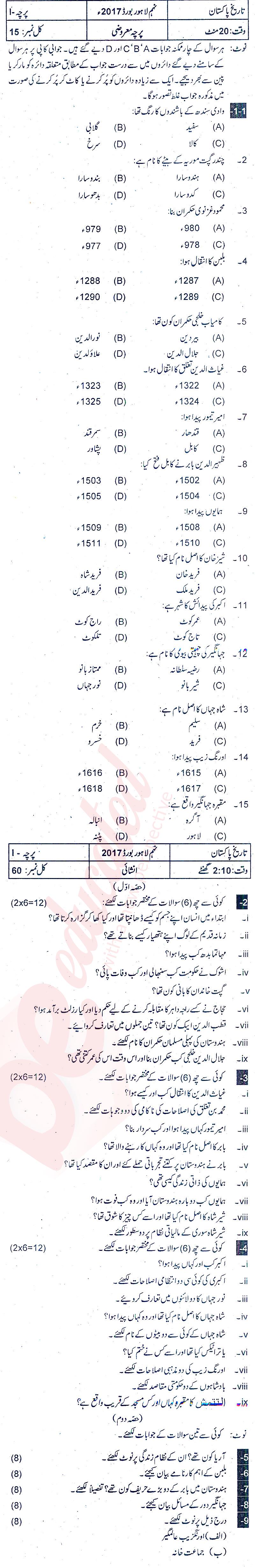 Pakistan History 9th Urdu Medium Past Paper Group 1 BISE Lahore 2017