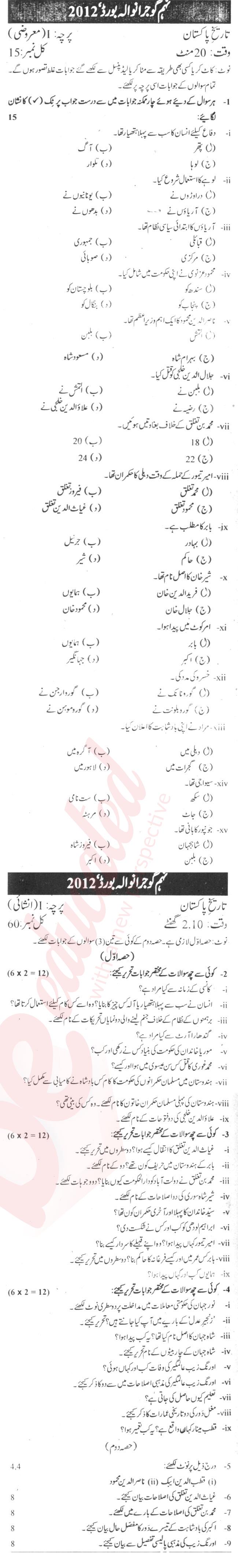 Pakistan History 9th Urdu Medium Past Paper Group 2 BISE Gujranwala 2012