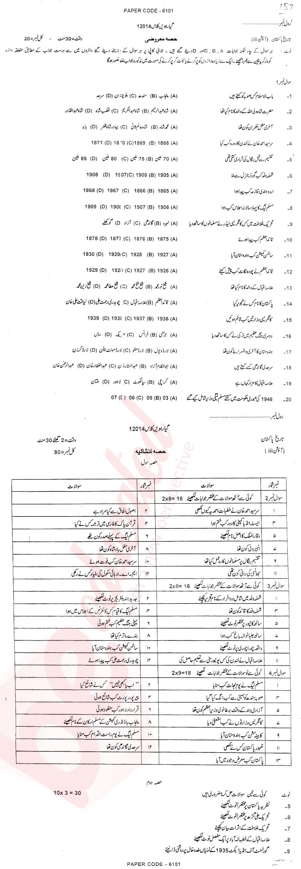 Pakistan History FA Part 1 Past Paper Group 1 BISE DG Khan 2014