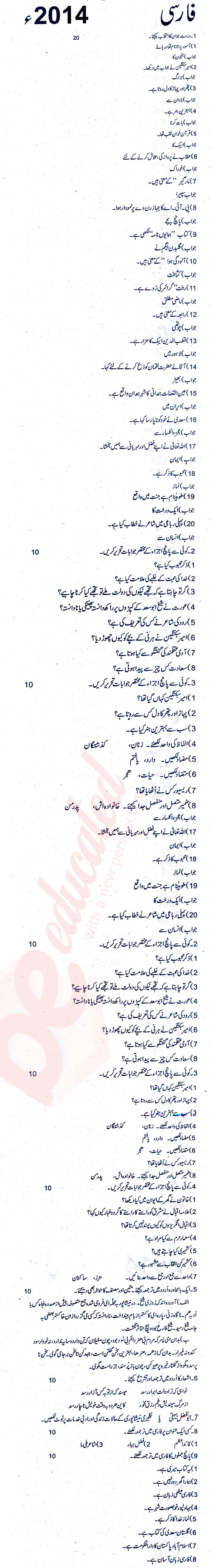 Persian FA Part 2 Past Paper Group 1 BISE Rawalpindi 2014