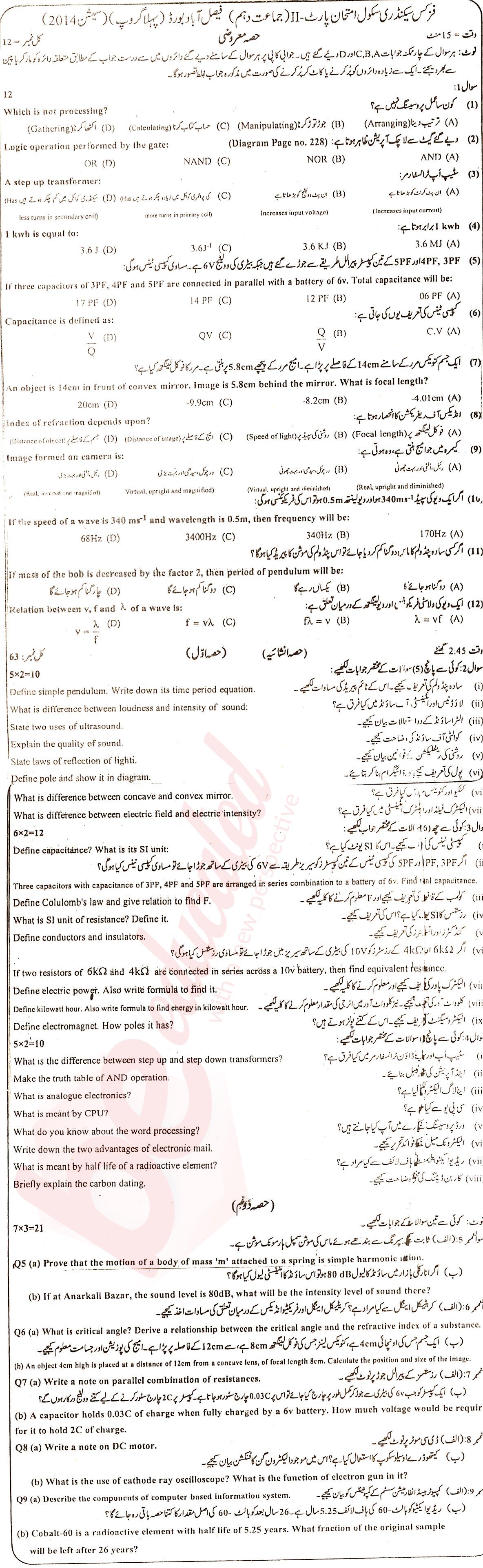 Physics 10th class Past Paper Group 1 BISE Faisalabad 2014