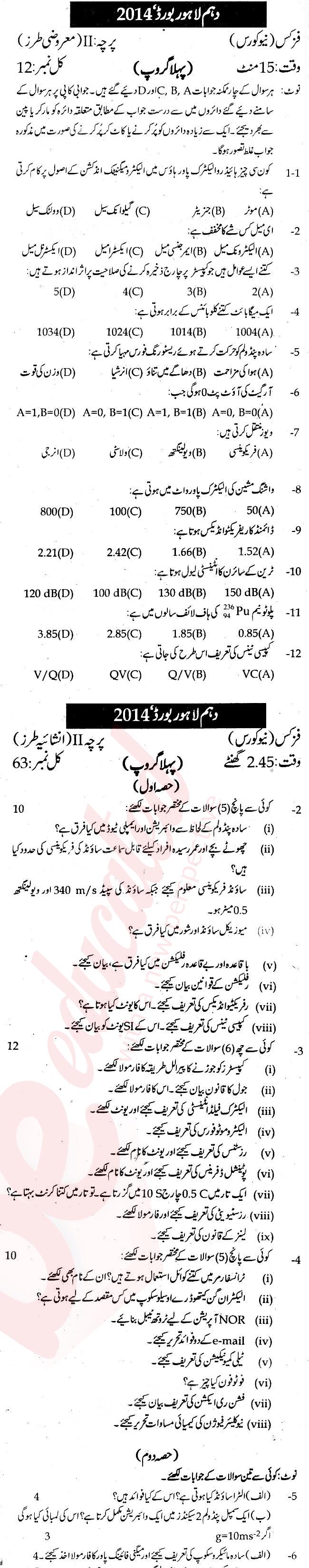Physics 10th class Past Paper Group 1 BISE Lahore 2014
