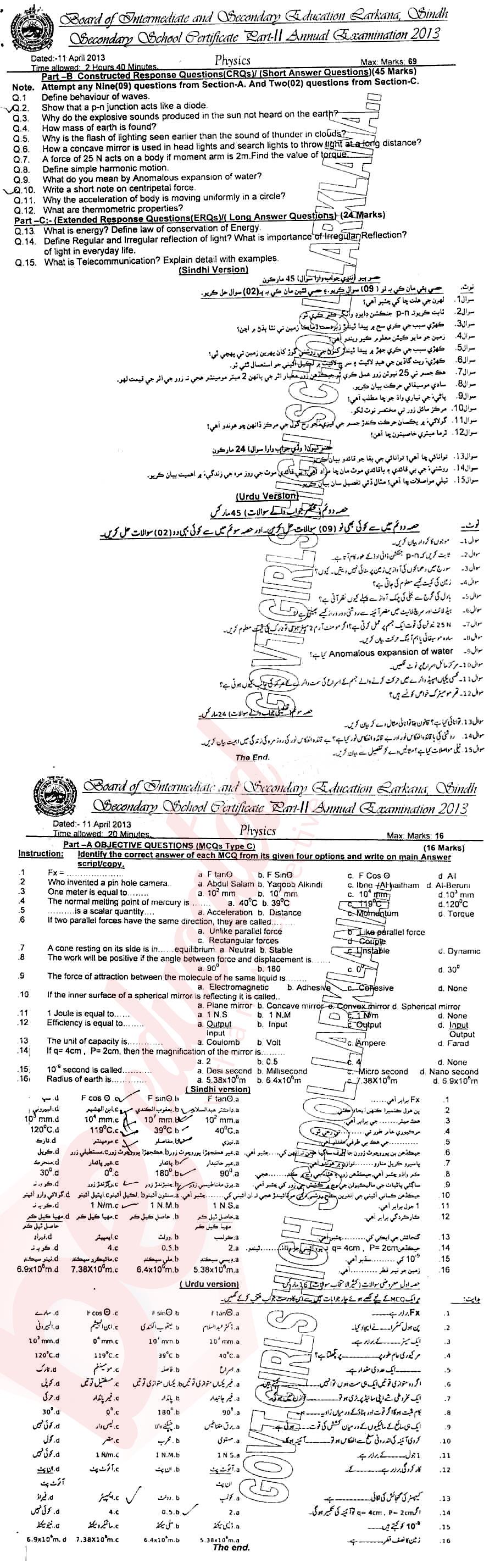 Physics 10th class Past Paper Group 1 BISE Larkana 2013