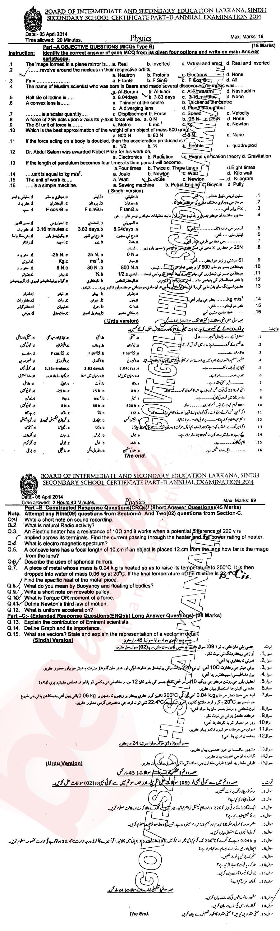 Physics 10th class Past Paper Group 1 BISE Larkana 2014