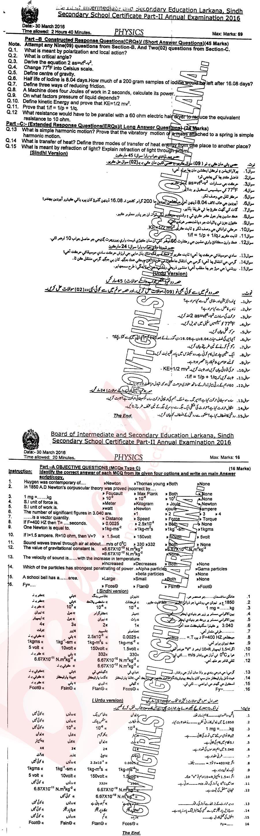 Physics 10th class Past Paper Group 1 BISE Larkana 2016