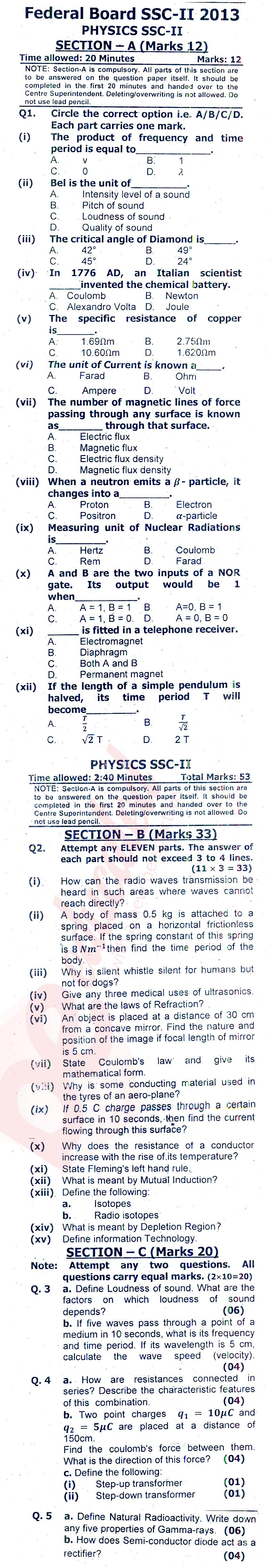 Physics 10th class Past Paper Group 1 Federal BISE  2013