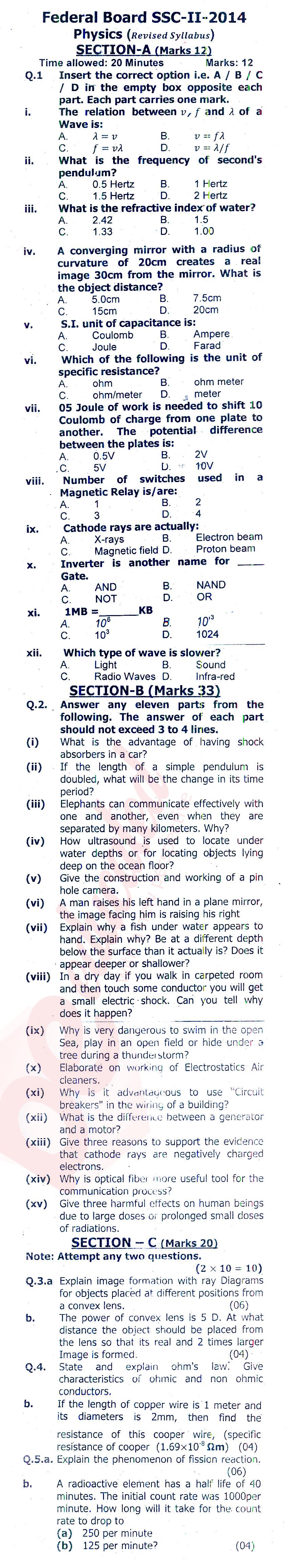 Physics 10th class Past Paper Group 1 Federal BISE  2014