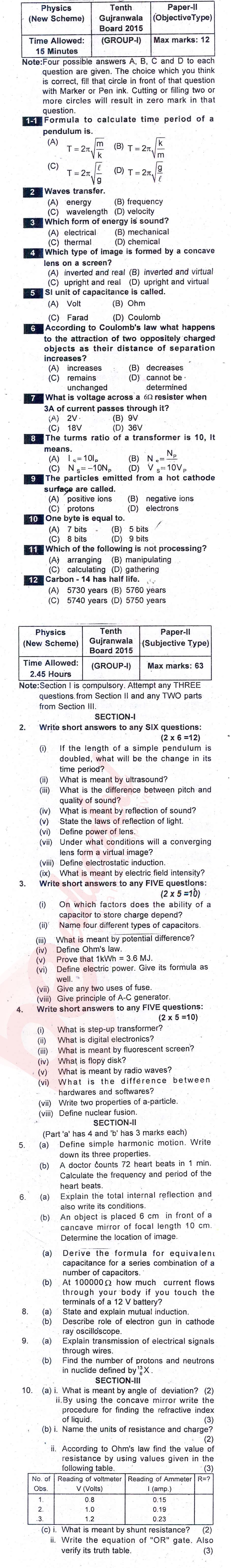 Physics 10th English Medium Past Paper Group 1 BISE Gujranwala 2015