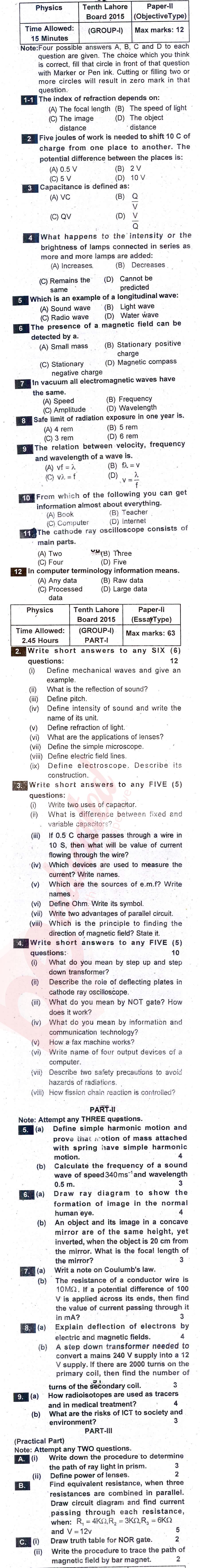 Physics 10th English Medium Past Paper Group 1 BISE Lahore 2015