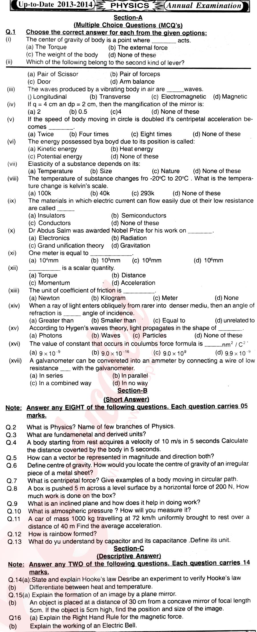 Physics 10th English Medium Past Paper Group 1 BISE Mirpurkhas 2014