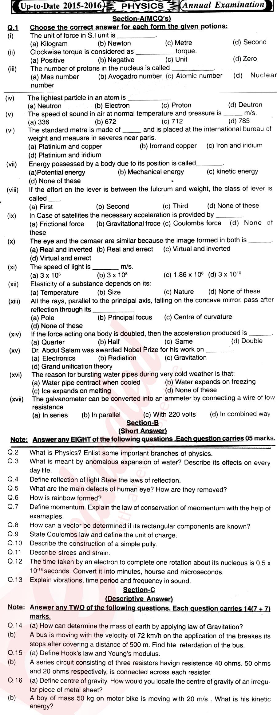 Physics 10th English Medium Past Paper Group 1 BISE Mirpurkhas 2016