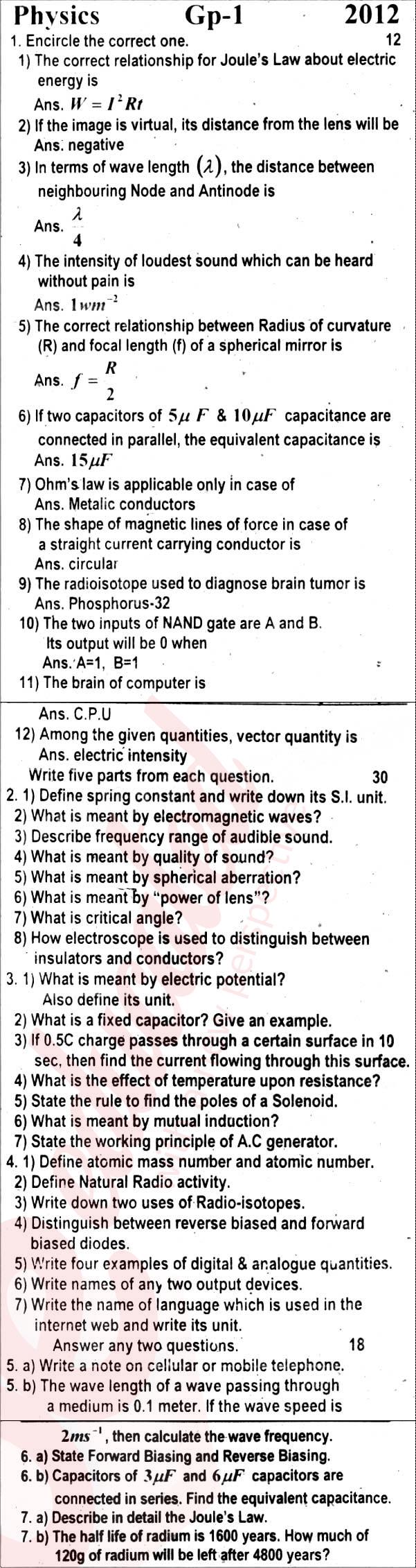 Physics 10th English Medium Past Paper Group 1 BISE Rawalpindi 2012