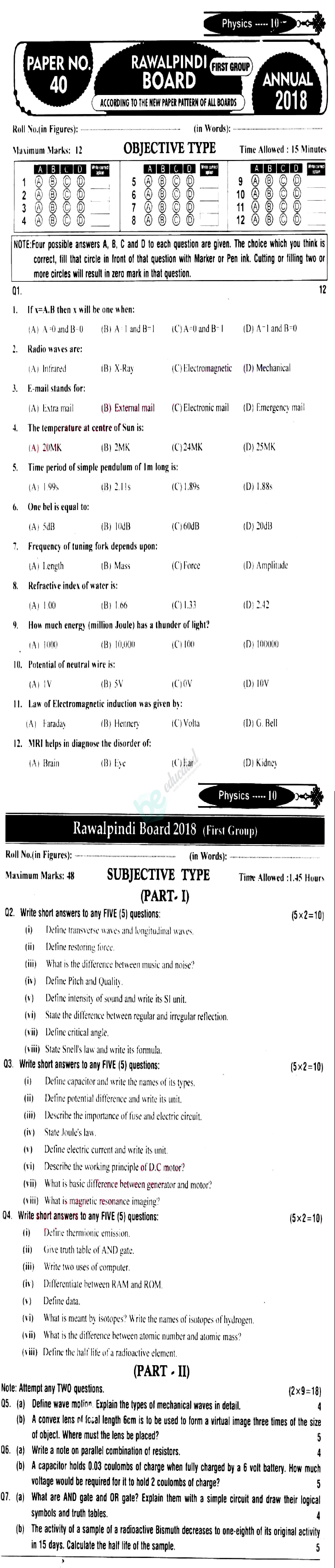 Physics 10th English Medium Past Paper Group 1 BISE Rawalpindi 2018