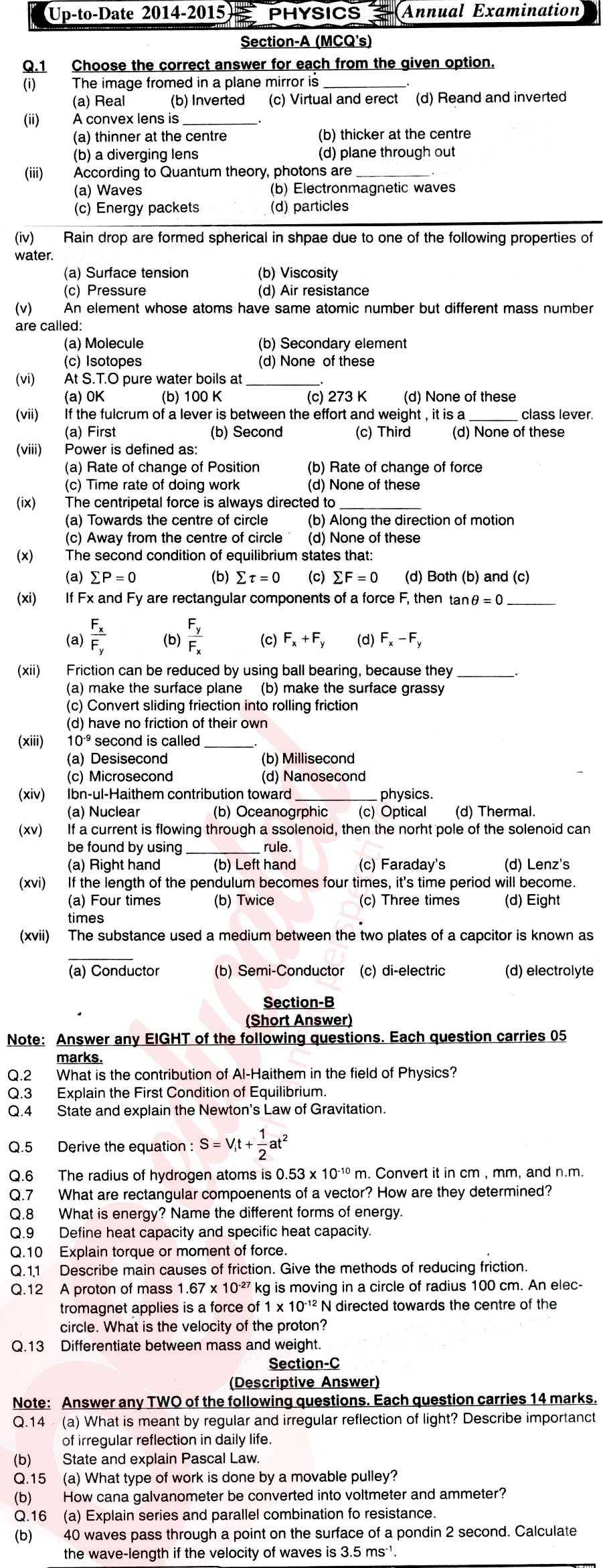 Physics 10th English Medium Past Paper Group 1 BISE Sukkur 2015