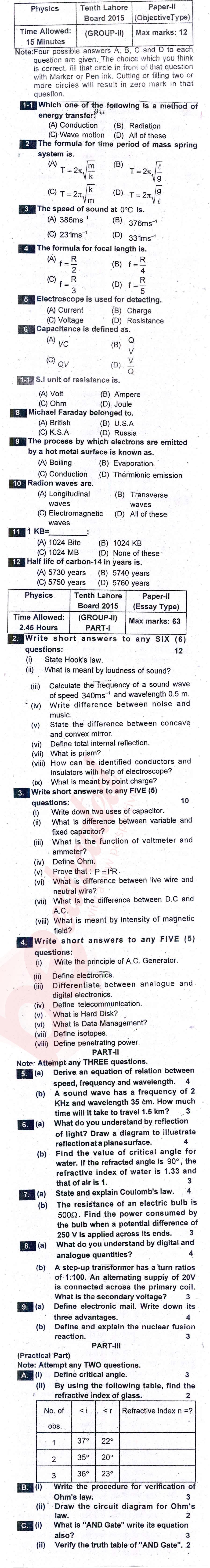 Physics 10th English Medium Past Paper Group 2 BISE Lahore 2015