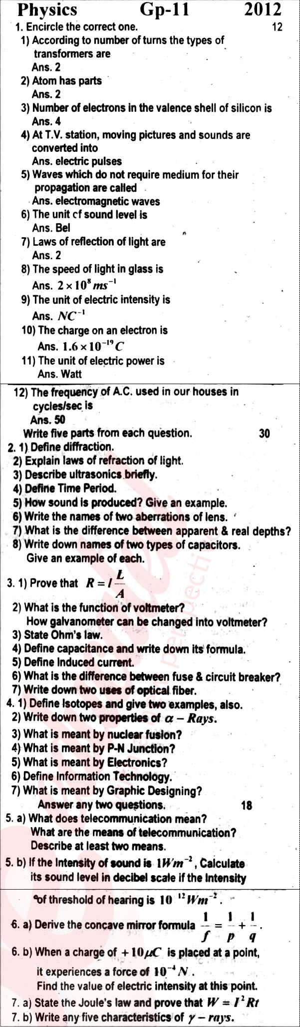 Physics 10th English Medium Past Paper Group 2 BISE Rawalpindi 2012