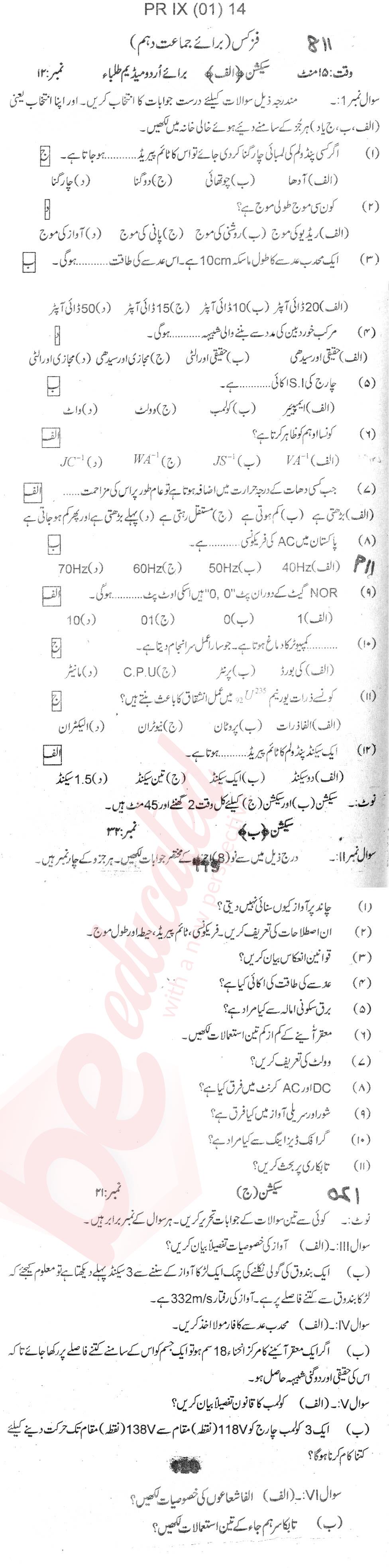 Physics 10th Urdu Medium Past Paper Group 1 BISE Bannu 2014
