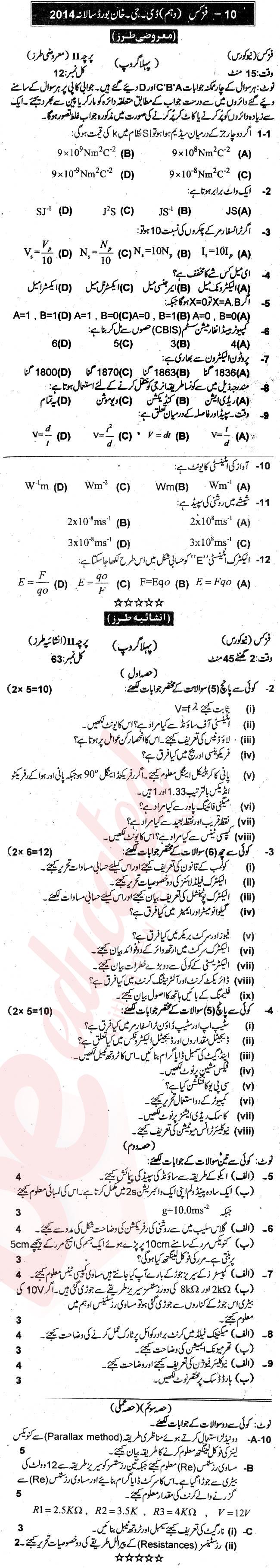 Physics 10th Urdu Medium Past Paper Group 1 BISE DG Khan 2014