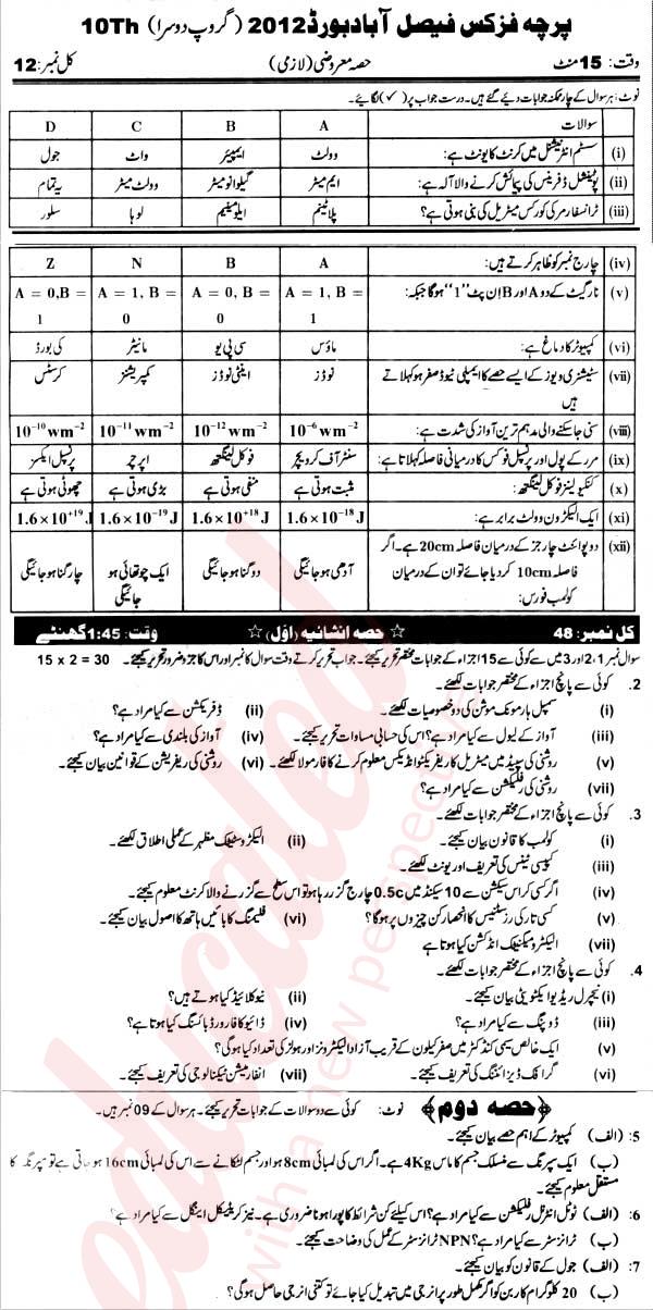 Physics 10th Urdu Medium Past Paper Group 2 BISE Faisalabad 2012