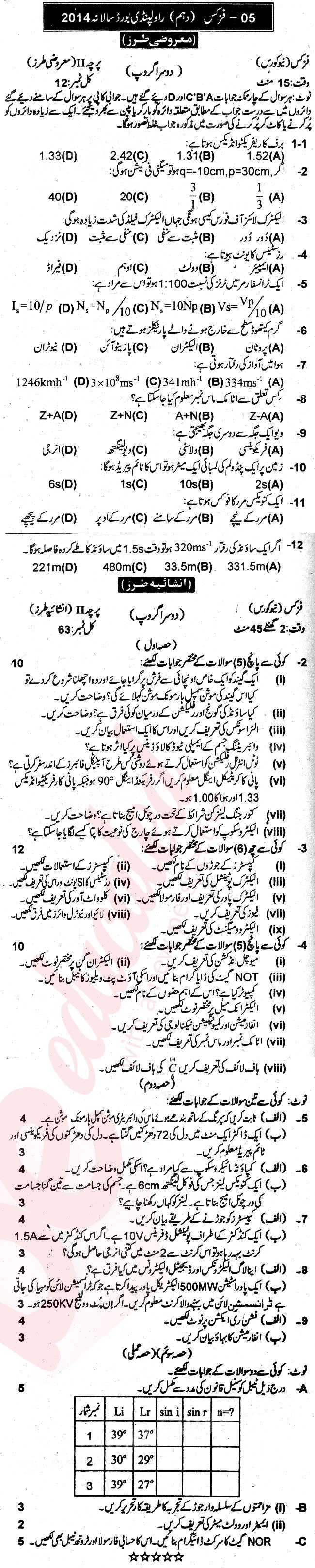 Physics 10th Urdu Medium Past Paper Group 2 BISE Rawalpindi 2014