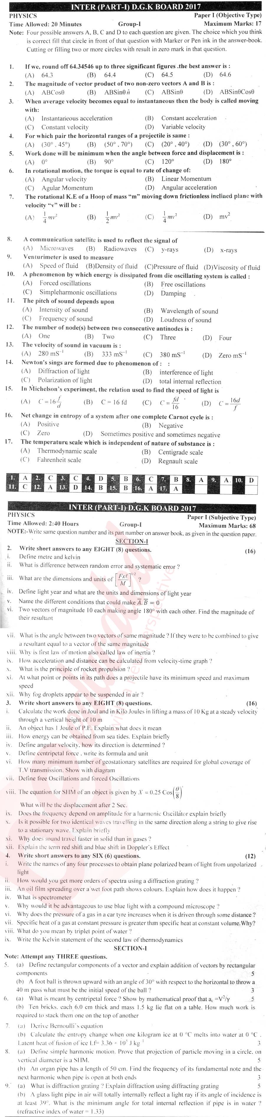 Physics 11th class Past Paper Group 1 BISE DG Khan 2017