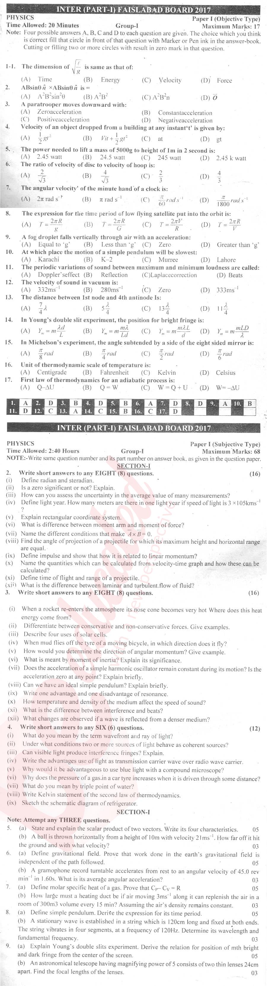 Physics 11th class Past Paper Group 1 BISE Faisalabad 2017