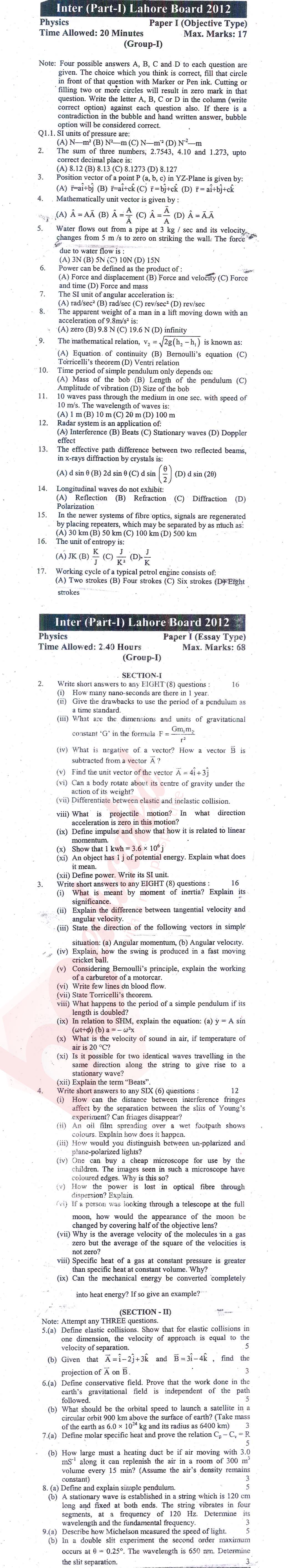 Physics 11th class Past Paper Group 1 BISE Lahore 2012