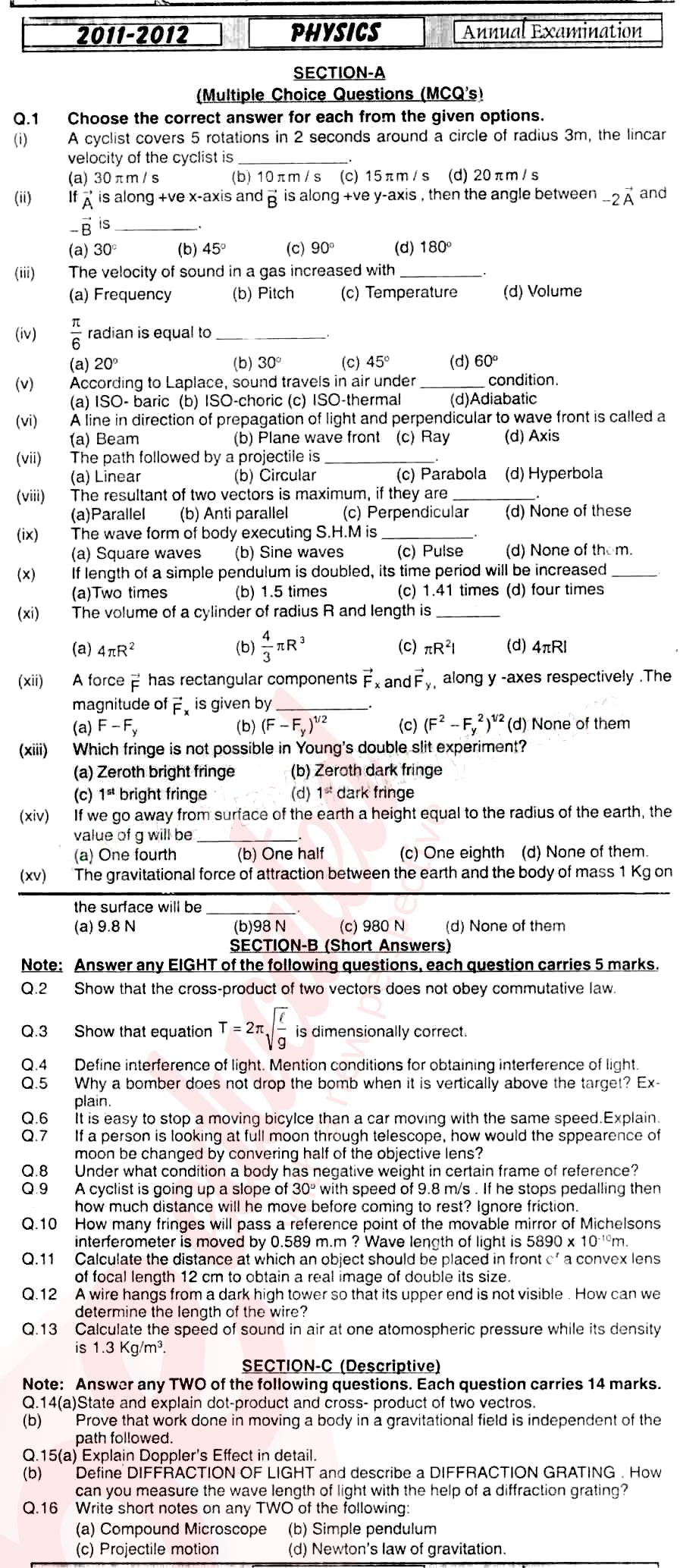 Physics 11th class Past Paper Group 1 BISE Mirpurkhas 2012